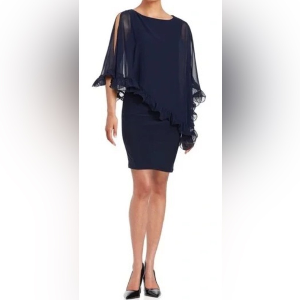 Xscape Cocktail Dress Navy Blue Shift Ruffle Drape Overlay Slit Sleeves EUC 4 👍